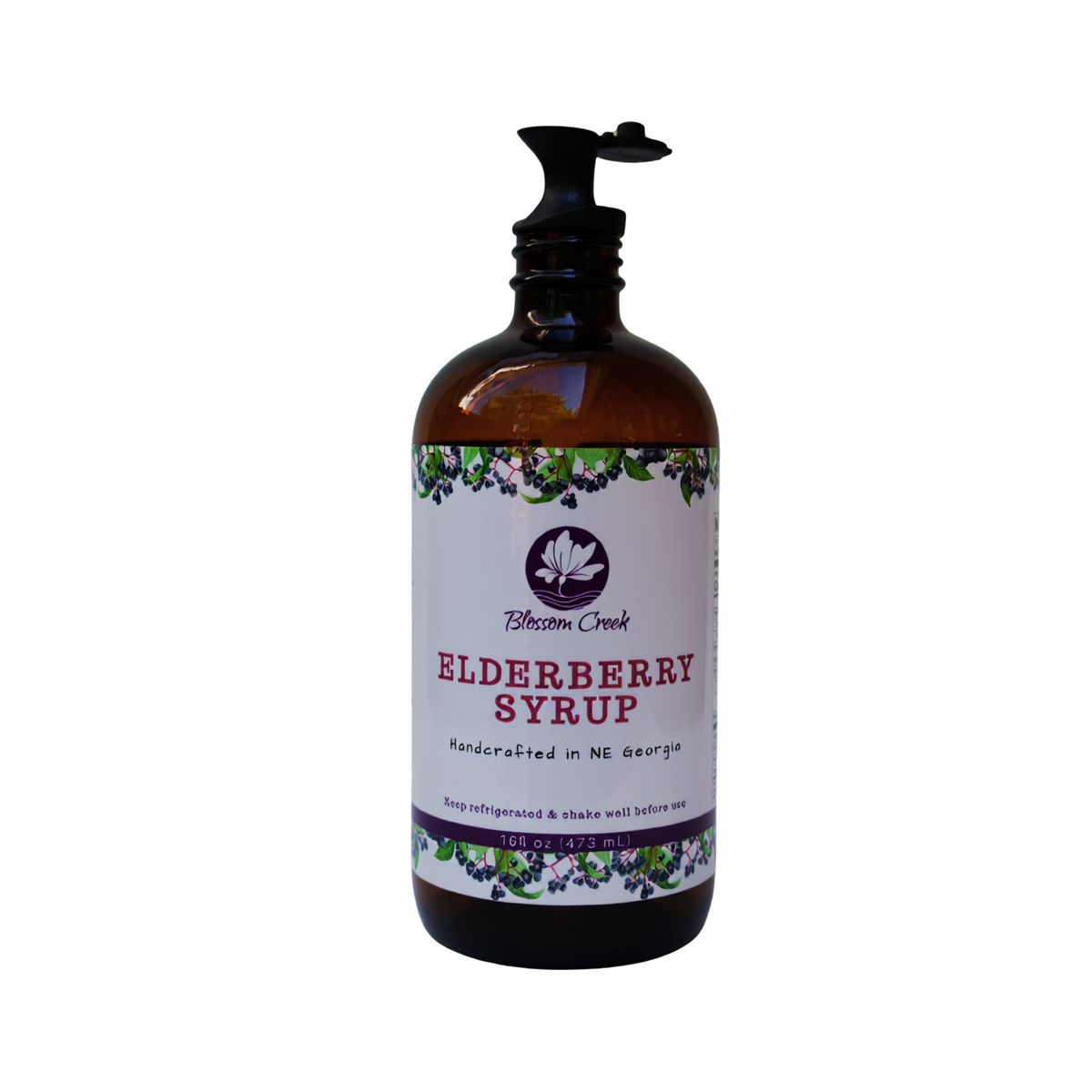 16 oz Blossom Creek Elderberry Syrup bottle with reusable black pour spout attached.