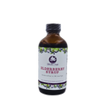Front view of Blossom Creek 8 oz handcrafted Elderberry Syrup in an amber glass bottle with a white floral and elderberry label, made in North Georgia.