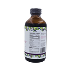 Side view of Blossom Creek 8 oz Elderberry Syrup in an amber glass bottle, featuring a white label with purple and green elderberry illustrations and the Nutrition Facts panel.