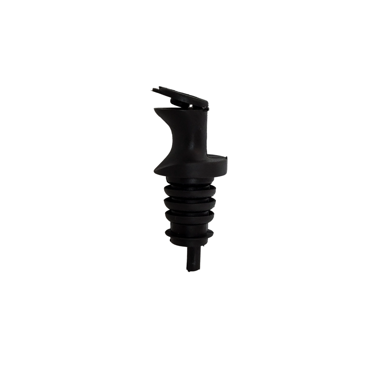 Black plastic Pour Spout accessory for Blossom Creek Elderberry Syrup bottles, featuring a flip-top lid and ribbed stopper.