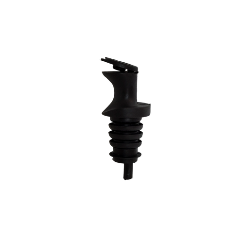 Black plastic Pour Spout accessory for Blossom Creek Elderberry Syrup bottles, featuring a flip-top lid and ribbed stopper.
