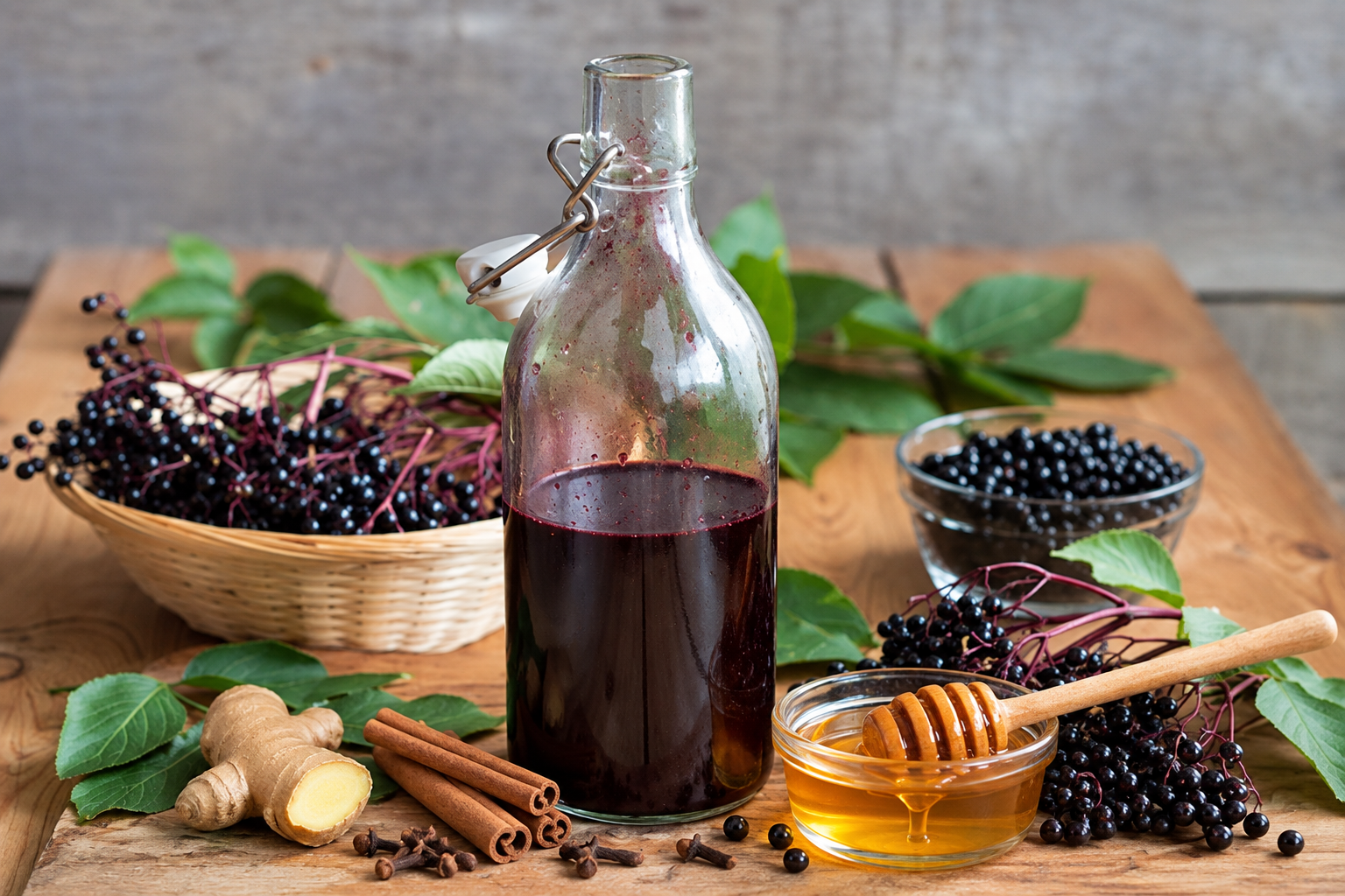 Handcrafted elderberry syrup in a glass bottle surrounded by fresh elderberries, raw honey, cinnamon, ginger, and cloves.