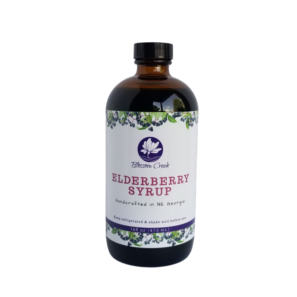 front 16-oz bottle of Blossom Creek elderberry syrup